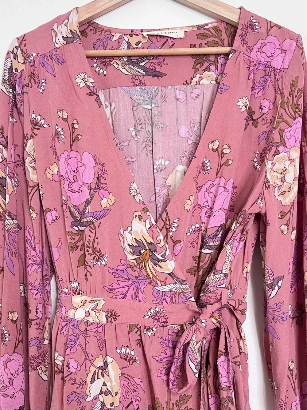 SPELL & THE GYPSY Rosa Wrap Blouse Top Pink Floral Boho Size M Long Sleeve